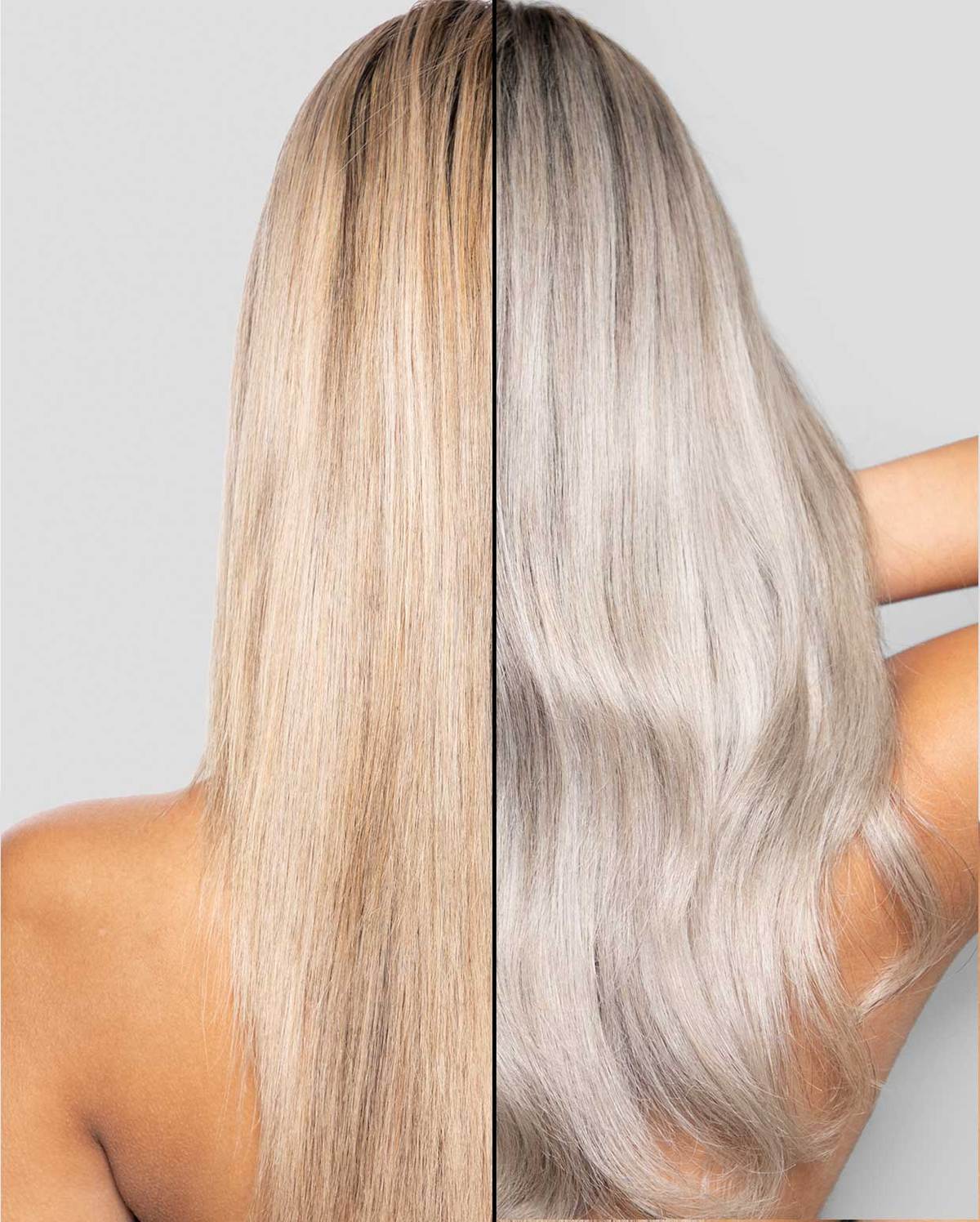 Model back of head shot showing before and after using the Blonde For Days Box with long hair 