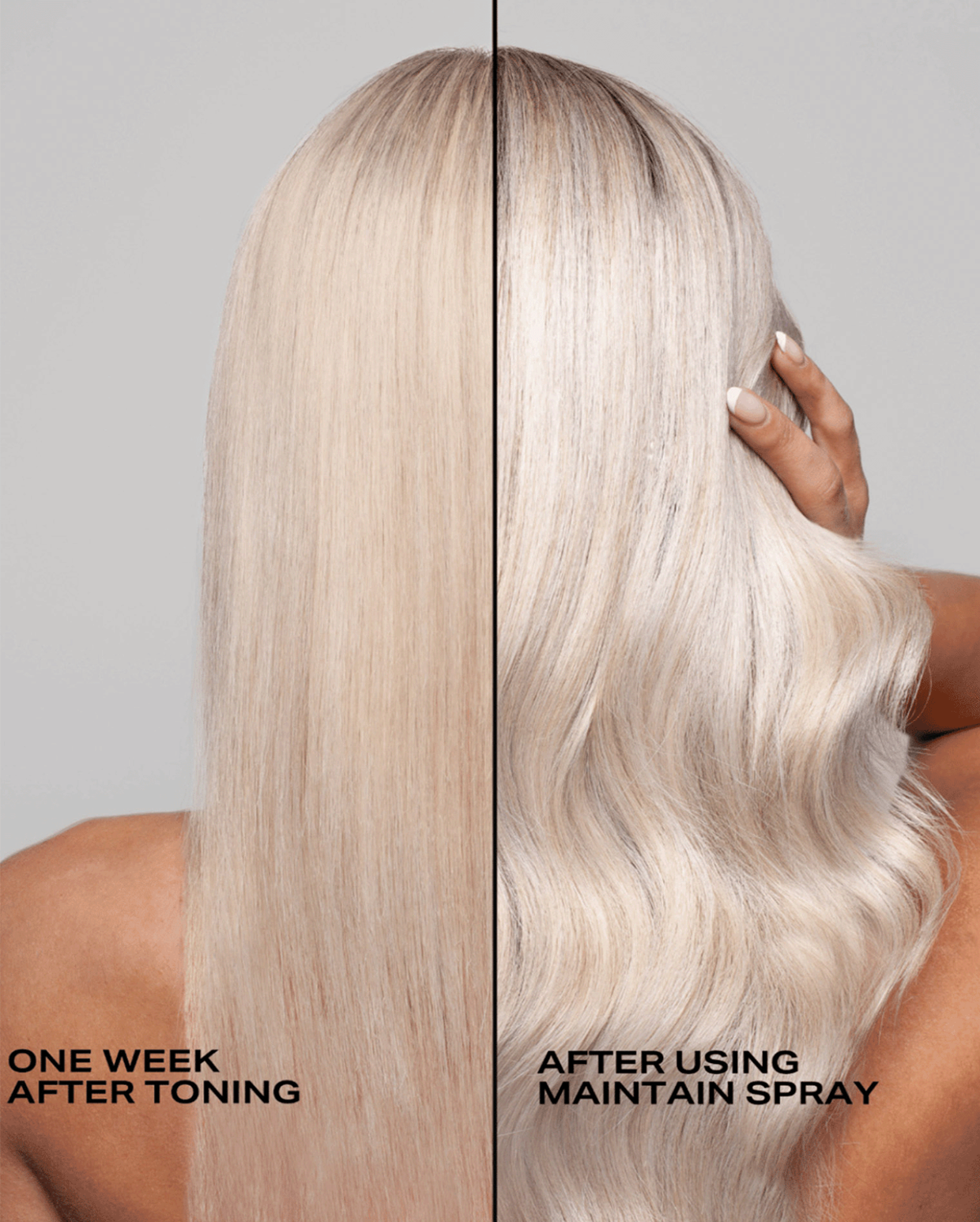 SHRINE White Blonde Maintain and Protect Spray Before + After on Model