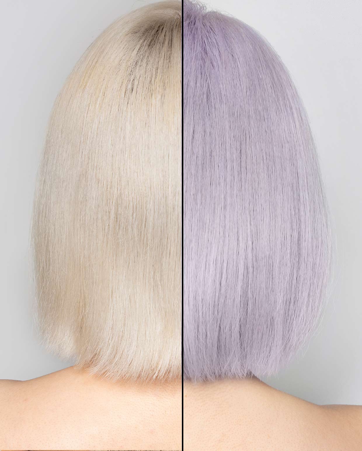 Model showing the before and after of the Shrine Drop it Lilac Toner
